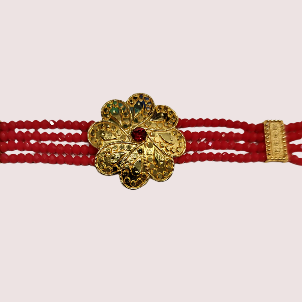 Scarlet Bloom Red Beaded Necklace with Floral Gold Pendant - Image 2