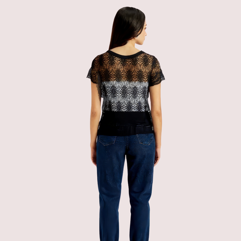 Stylish Black Sheer Floral Lace Top for Women - Image 2