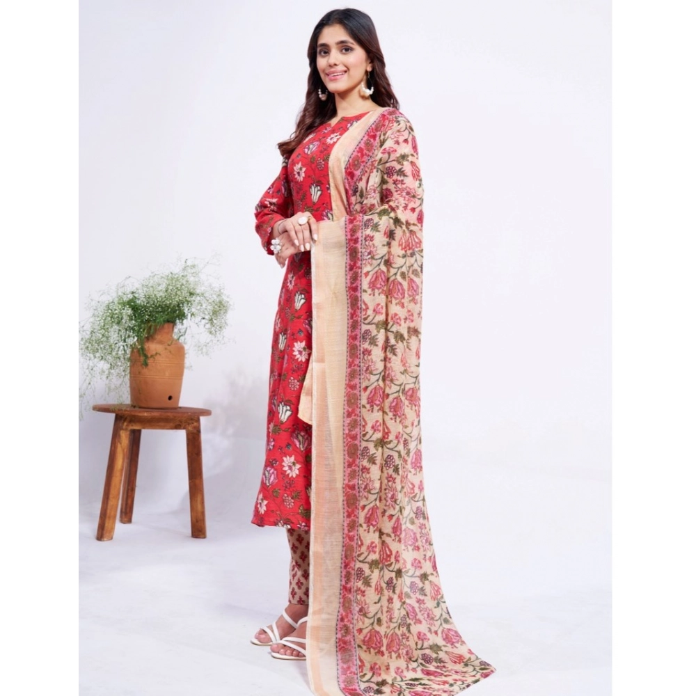 Women's Cotton Blend Printed Kurti With Pant Dupatta Set (Red) - Image 4