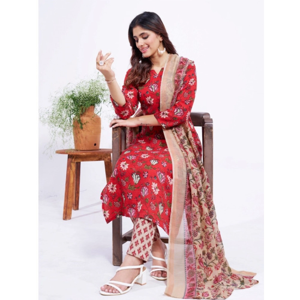 Women's Cotton Blend Printed Kurti With Pant Dupatta Set (Red) - Image 3