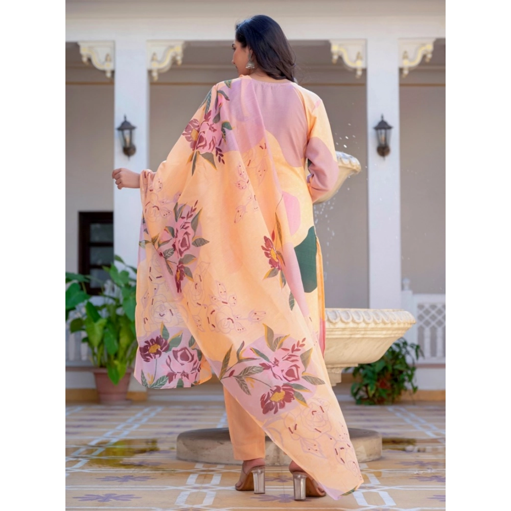 Women's Cotton Blend Printed Kurti With Pant Dupatta Set (Orange) - Image 4
