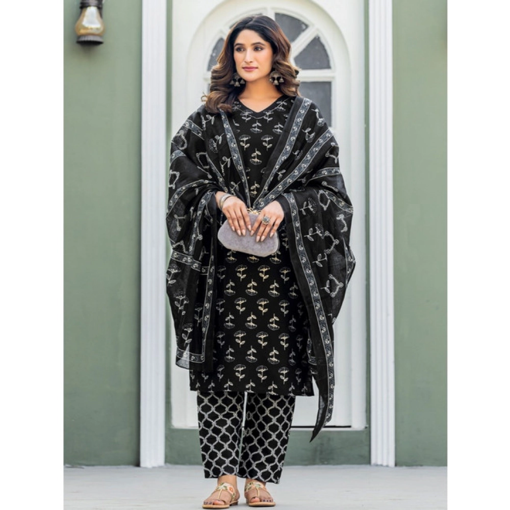 Women's Cotton Blend Printed Kurti With Pant Dupatta Set (Black) - Image 5