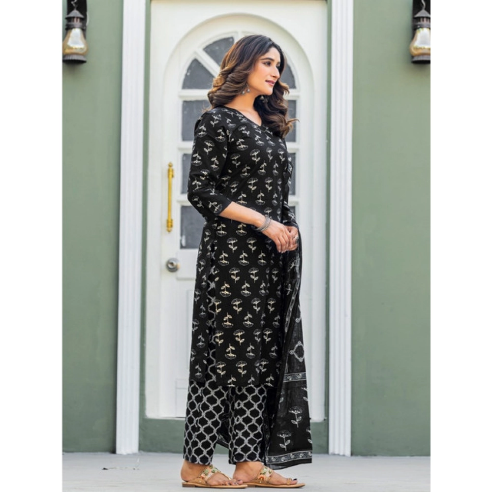 Women's Cotton Blend Printed Kurti With Pant Dupatta Set (Black) - Image 3