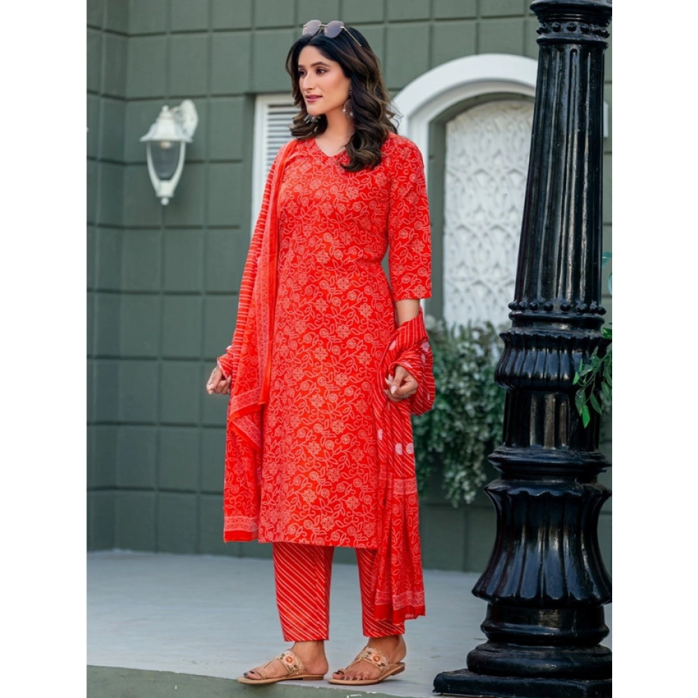 Women's Cotton Blend Printed Kurti With Pant Dupatta Set (Orange) - Image 2