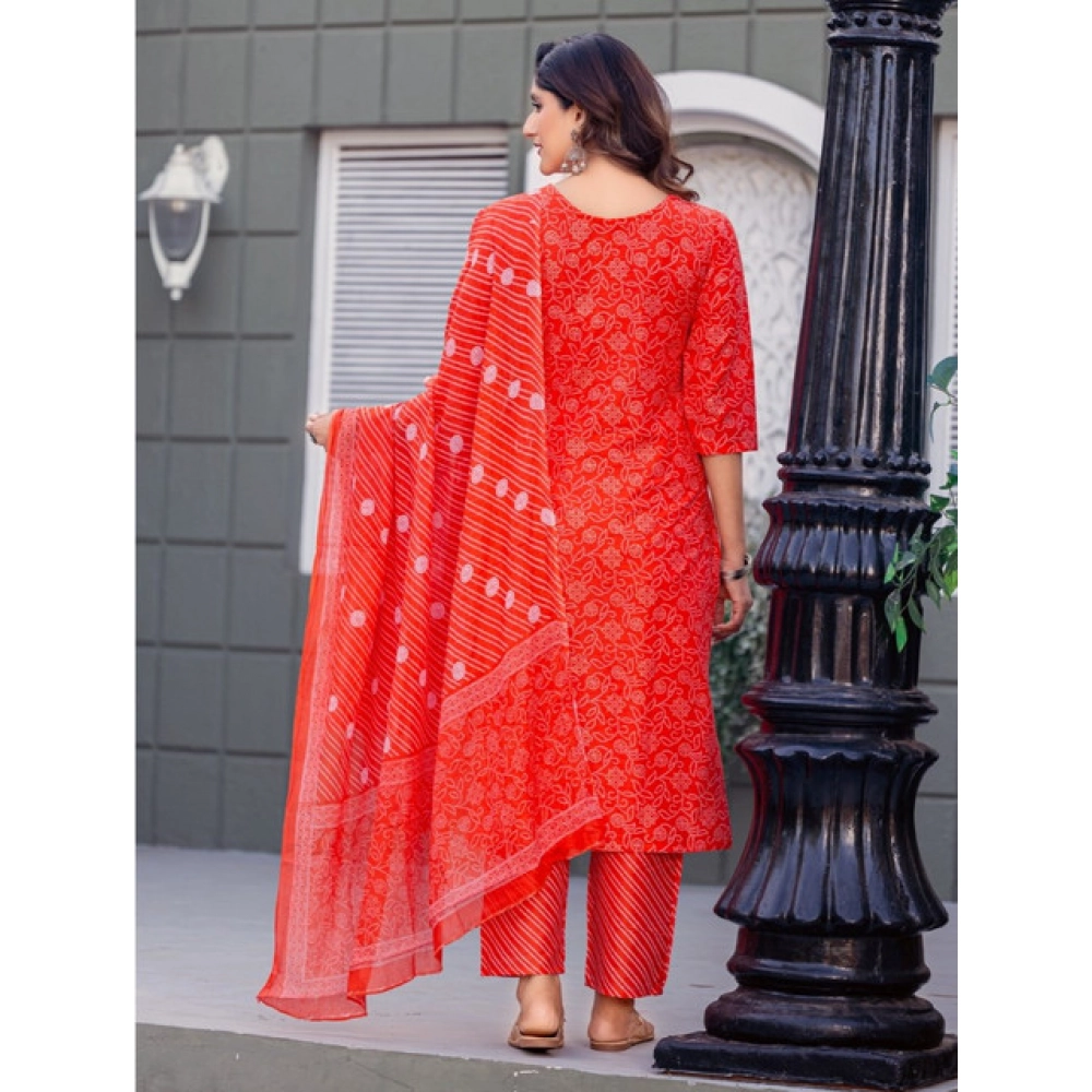Women's Cotton Blend Printed Kurti With Pant Dupatta Set (Orange) - Image 5