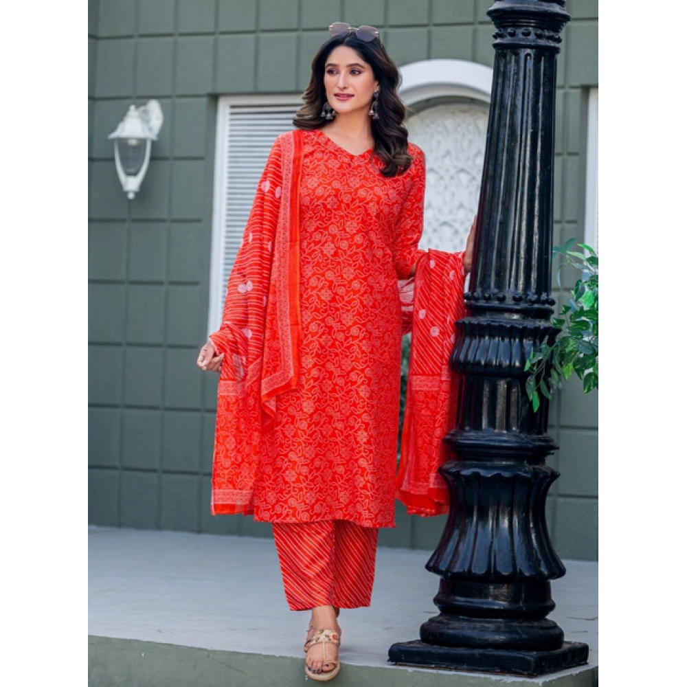 Women's Cotton Blend Printed Kurti With Pant Dupatta Set (Orange) - Image 4