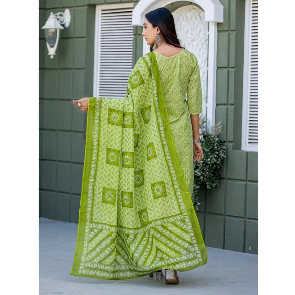 Women's Cotton Blend Printed Kurti With Pant Dupatta Set (Parrot) - Image 2