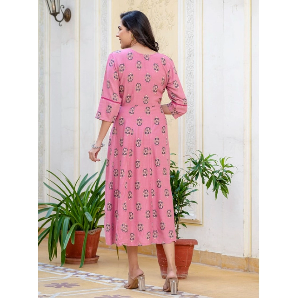 Women's Rayon Print With Embroidery Work A-Line Kurti (Wine) - Image 4