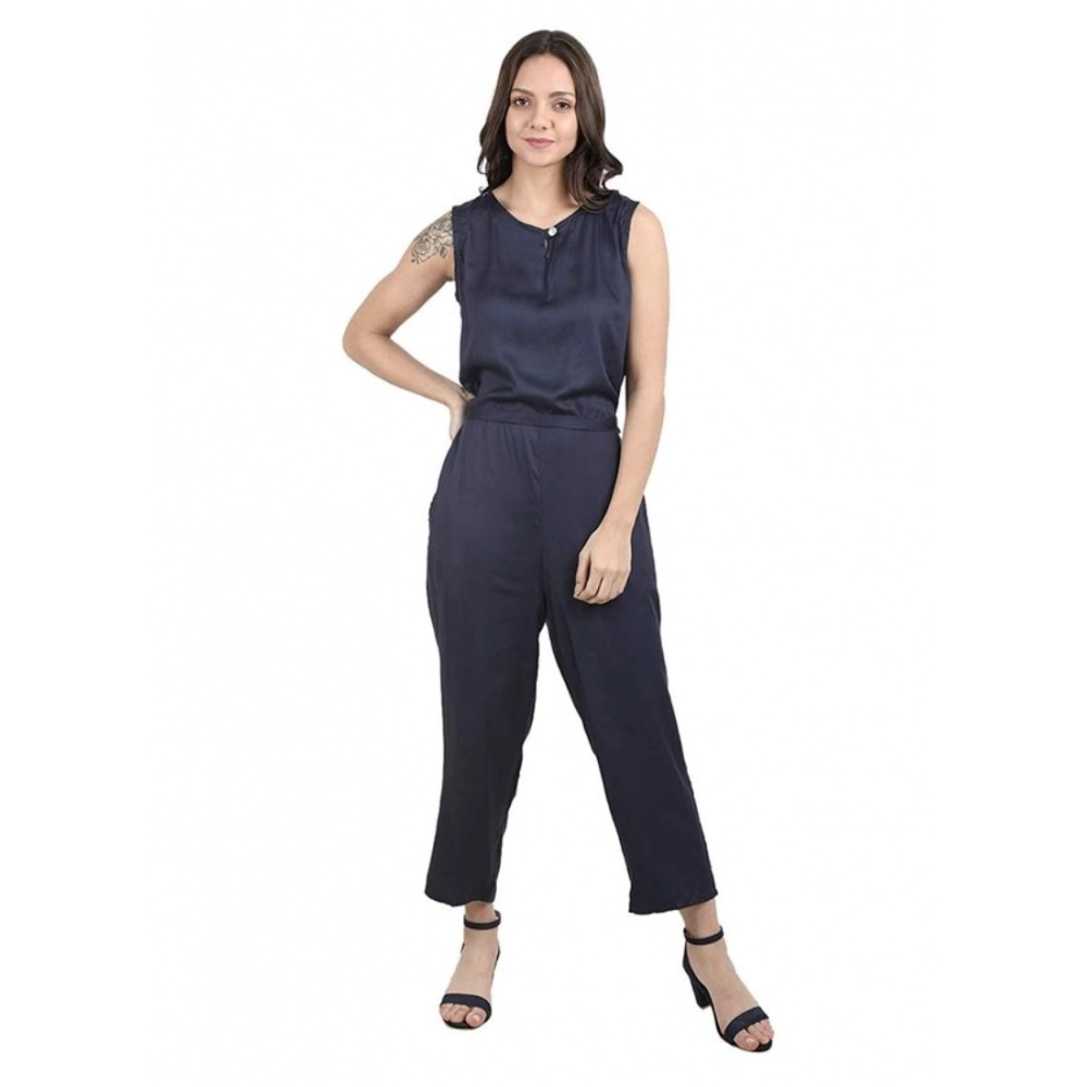 Women's Casual Crepe Sleeveless Jump Suit (Navy Blue)