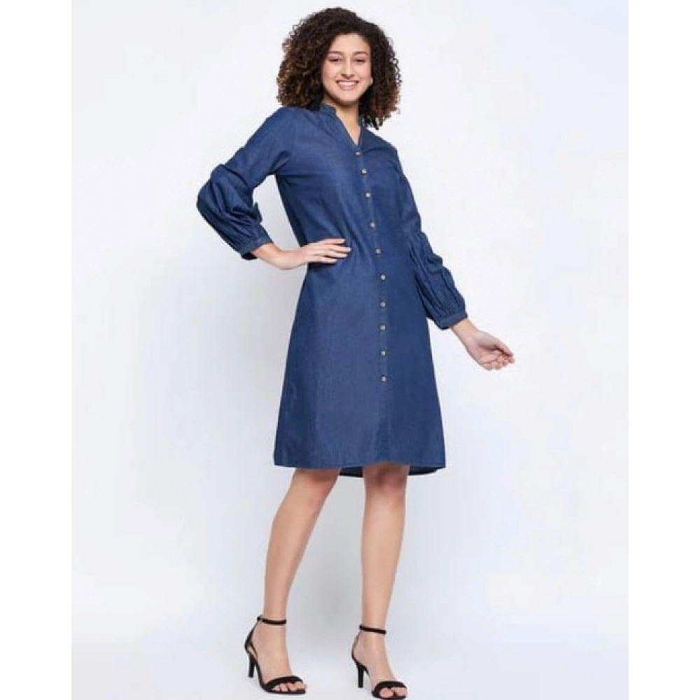 Women's Casual Denim Full sleeve Dress (Blue) - Image 3