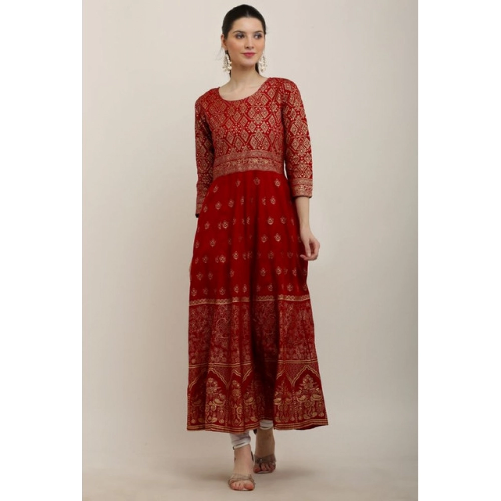 Women's Casual Rayon 3-4th Sleeves Anarkali Kurti (Red) - Image 5
