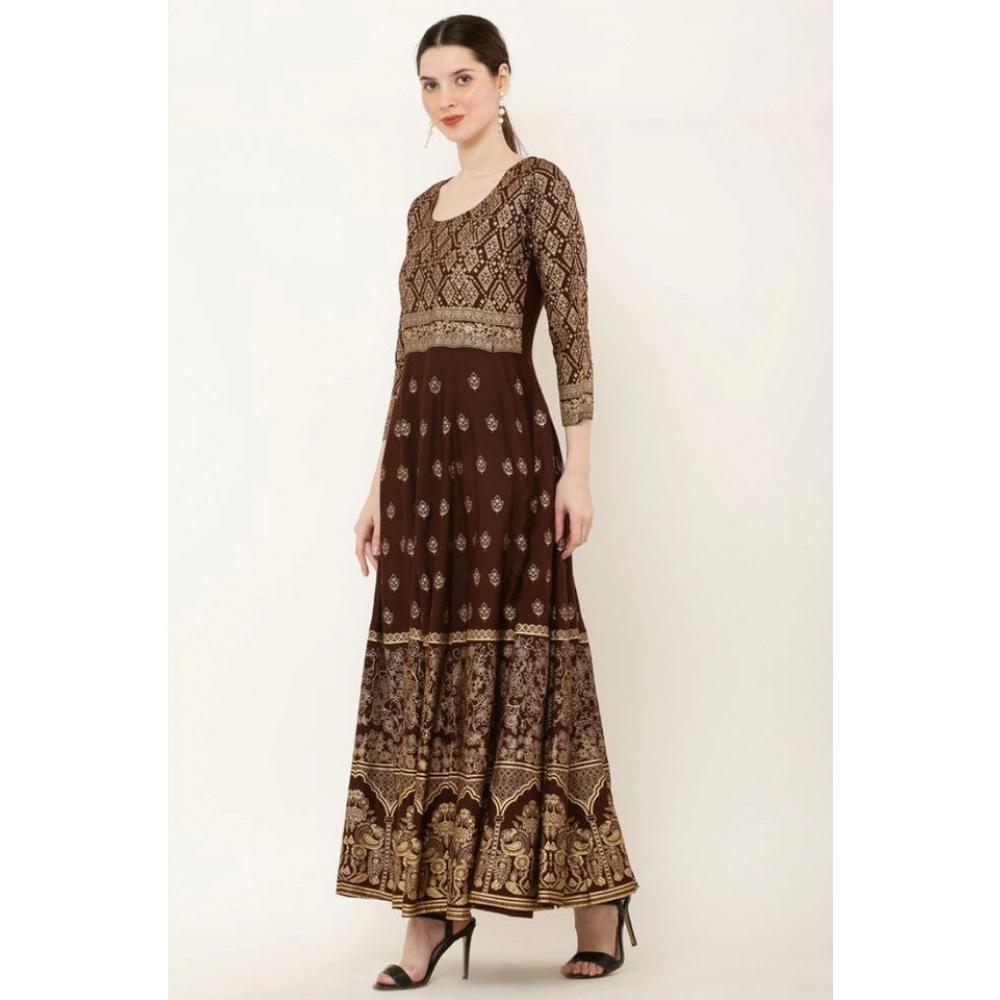 Women's Casual Rayon 3-4th Sleeves Anarkali Kurti (Brown) - Image 3