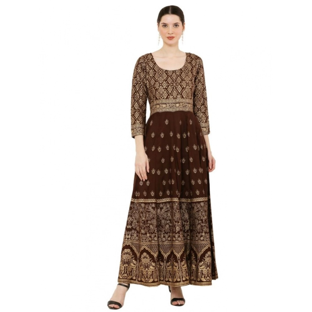 Women's Casual Rayon 3-4th Sleeves Anarkali Kurti (Brown) - Image 4