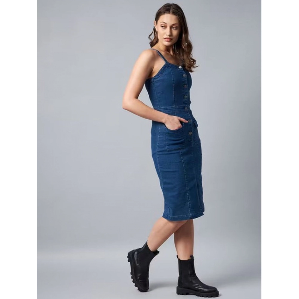 Women's Casual Denim Sleeveless Dress (Blue) - Image 3