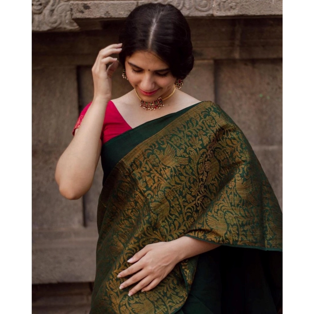 Women's Soft Lichi Silk Printed Saree With Unstitched Blouse 5.5Mtr (Green)
