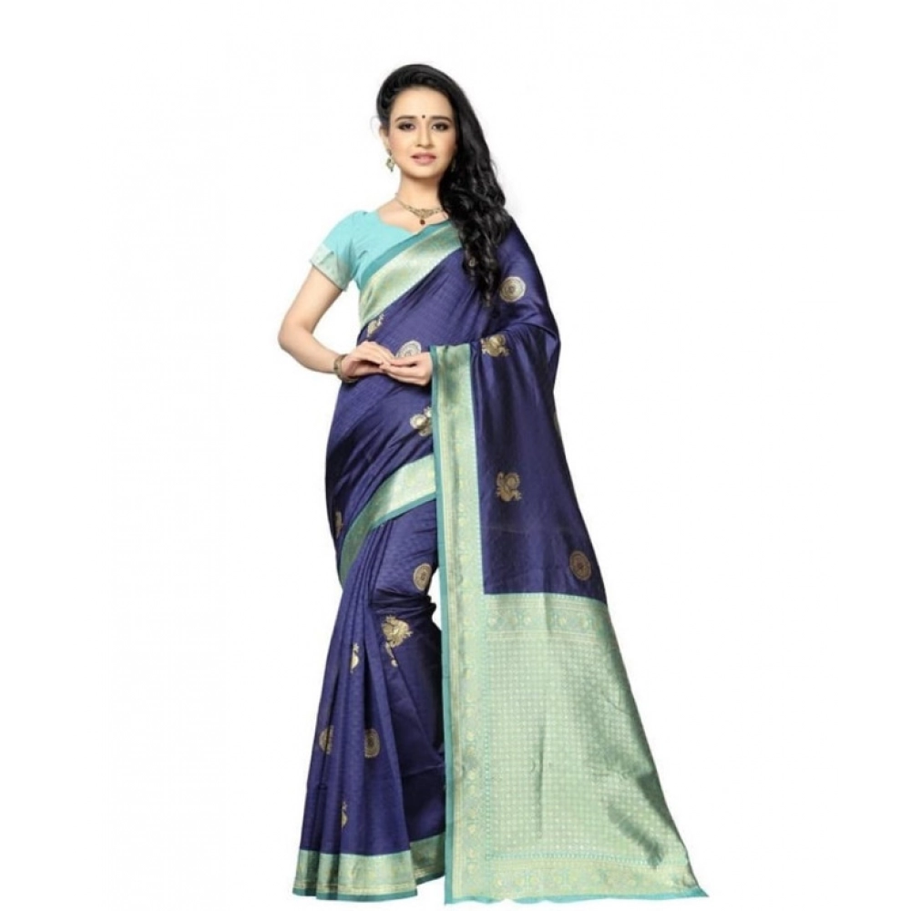Women's Soft Lichi Silk Printed Saree With Unstitched Blouse 5.5Mtr (Navy Blue)