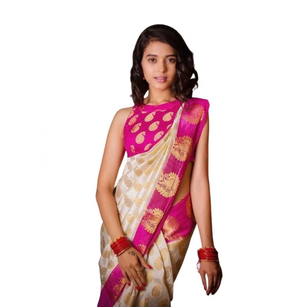 Women's Soft Lichi Silk Printed Saree With Unstitched Blouse 5.5Mtr (White)