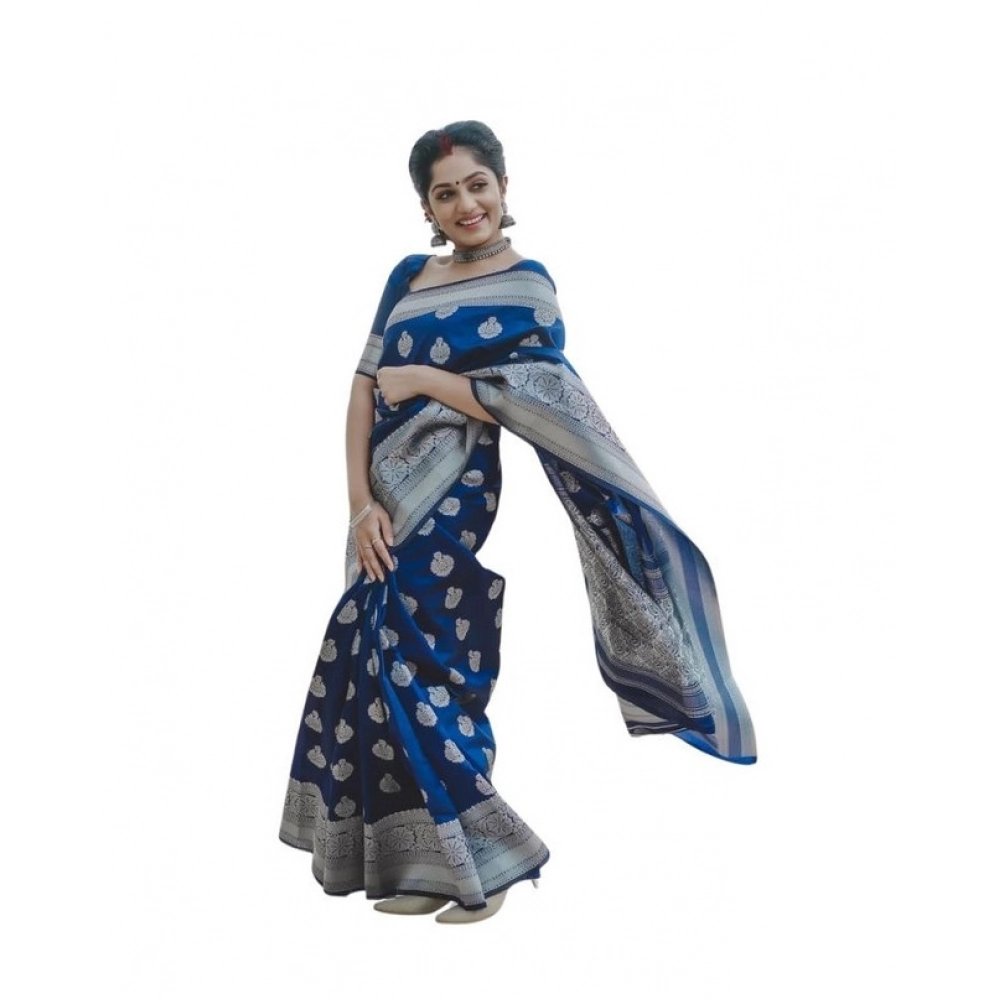 Women's Soft Lichi Silk Printed Saree With Unstitched Blouse 5.5Mtr (Blue)