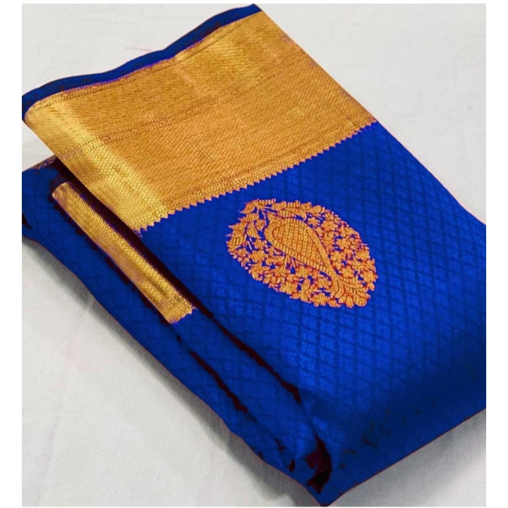 Women's Soft Lichi Silk Printed Saree With Unstitched Blouse 5.5Mtr (Royal-Blue)
