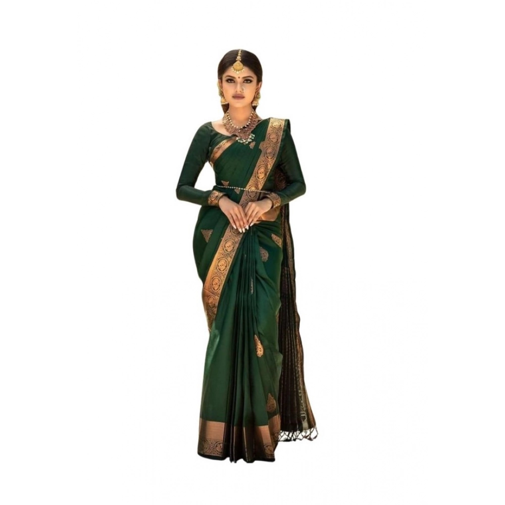 Women's Soft Lichi Silk Printed Saree With Unstitched Blouse 5.5Mtr (Green)