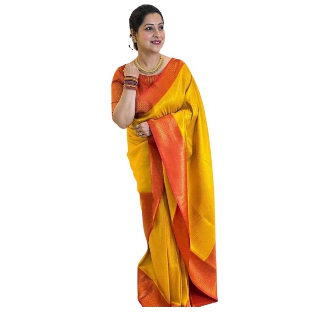 Women's Soft Lichi Silk Printed Saree With Unstitched Blouse 5.5Mtr (Mustard )