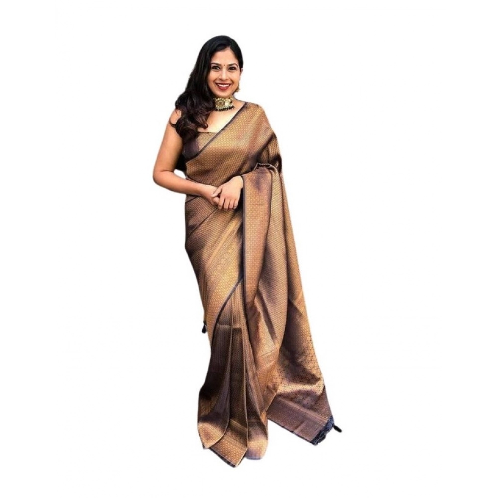 Women's Soft Lichi Silk Printed Saree With Unstitched Blouse 5.5Mtr (Black-Gold)