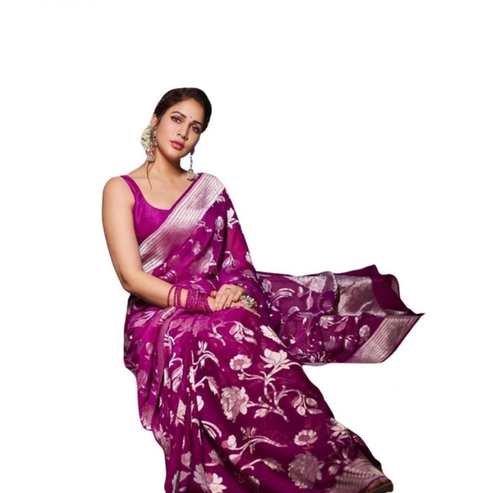 Women's Soft Lichi Silk Printed Saree With Unstitched Blouse 5.5Mtr (Purple)