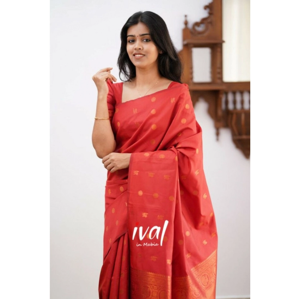 Women's Soft Lichi Silk Printed Saree With Unstitched Blouse 5.5Mtr (Red) - Image 2