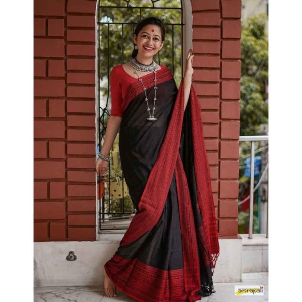 Women's Soft Lilan Printed Saree With Unstitched Blouse 5.5Mtr (Black)