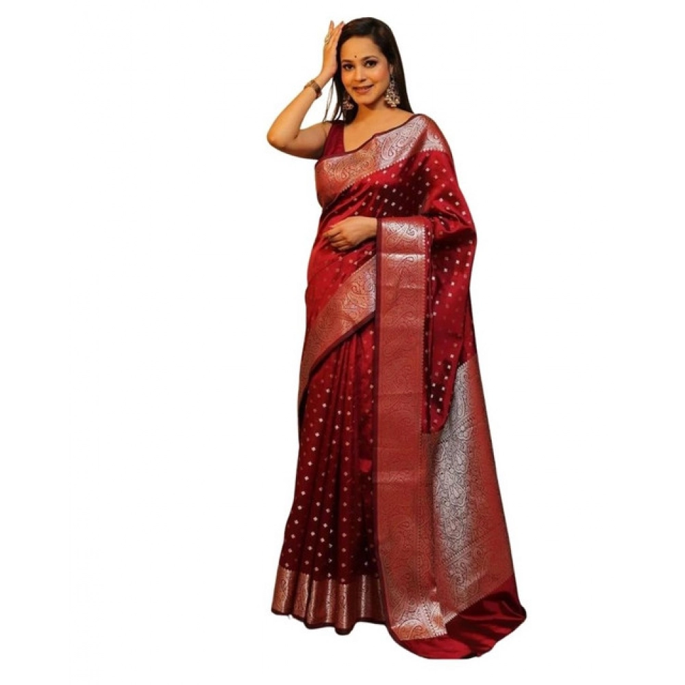 Women's Soft Lichi Silk Printed Saree With Unstitched Blouse 5.5Mtr (Maroon)