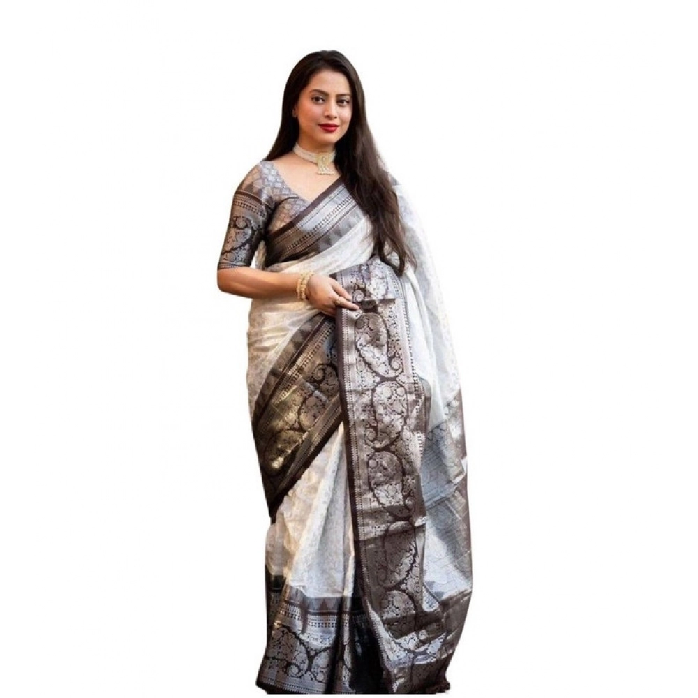 Women's Soft Lichi Silk Printed Saree With Unstitched Blouse 5.5Mtr (Off-White)