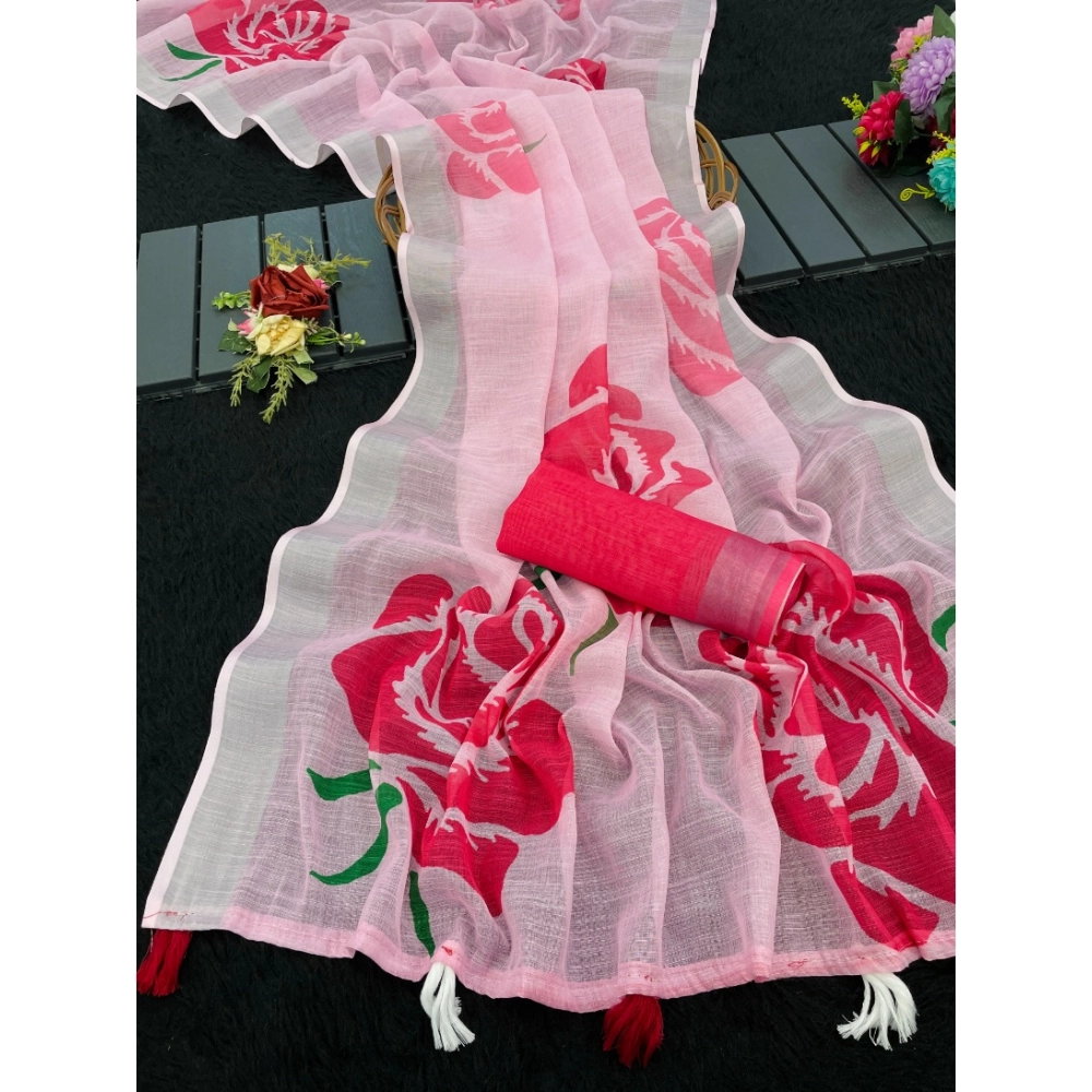 Women's Linen Cotton  Printed Saree With Unstitched Blouse 5.5Mtr (Pink)