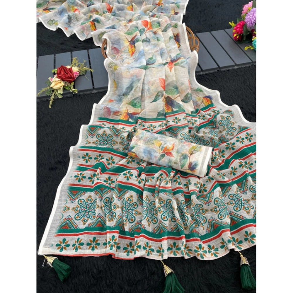 Women's Linen Cotton  Printed Saree With Unstitched Blouse 5.5Mtr (Green)