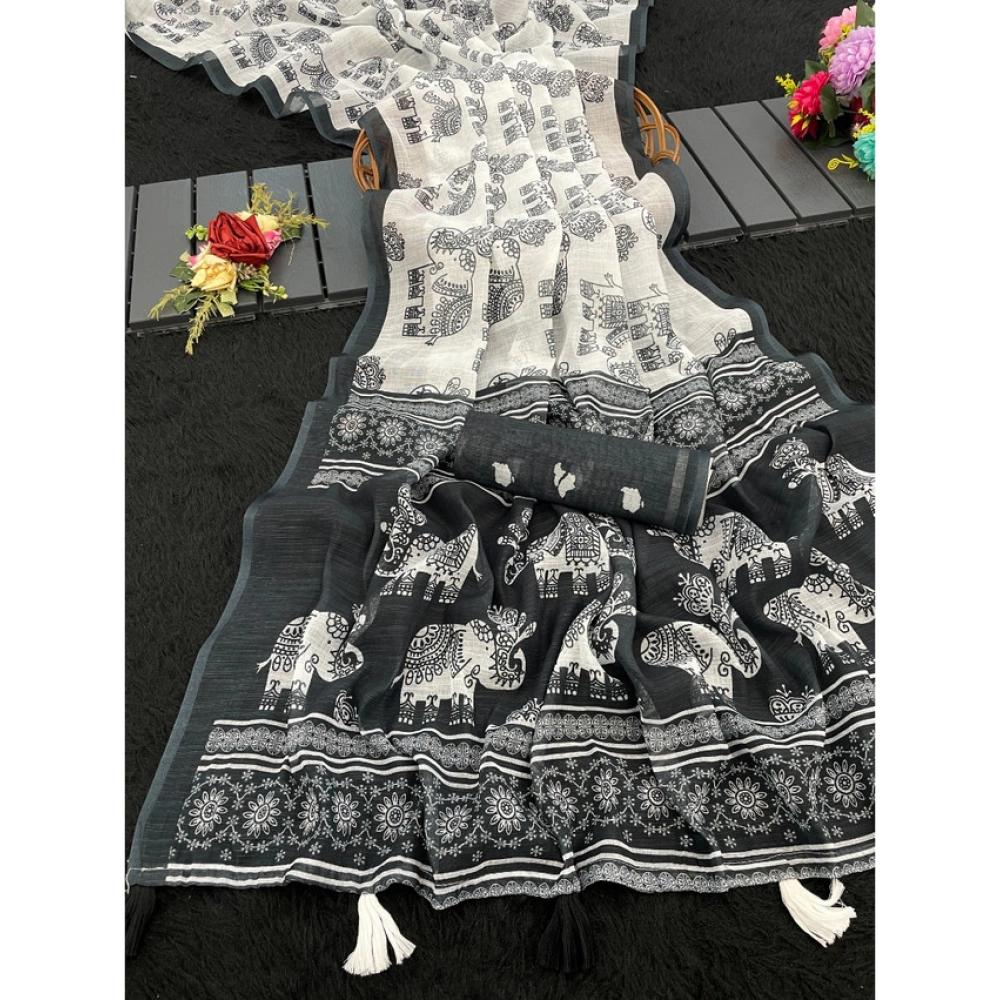 Women's Linen Cotton Printed Saree With Unstitched Blouse 5.5Mtr (Black)