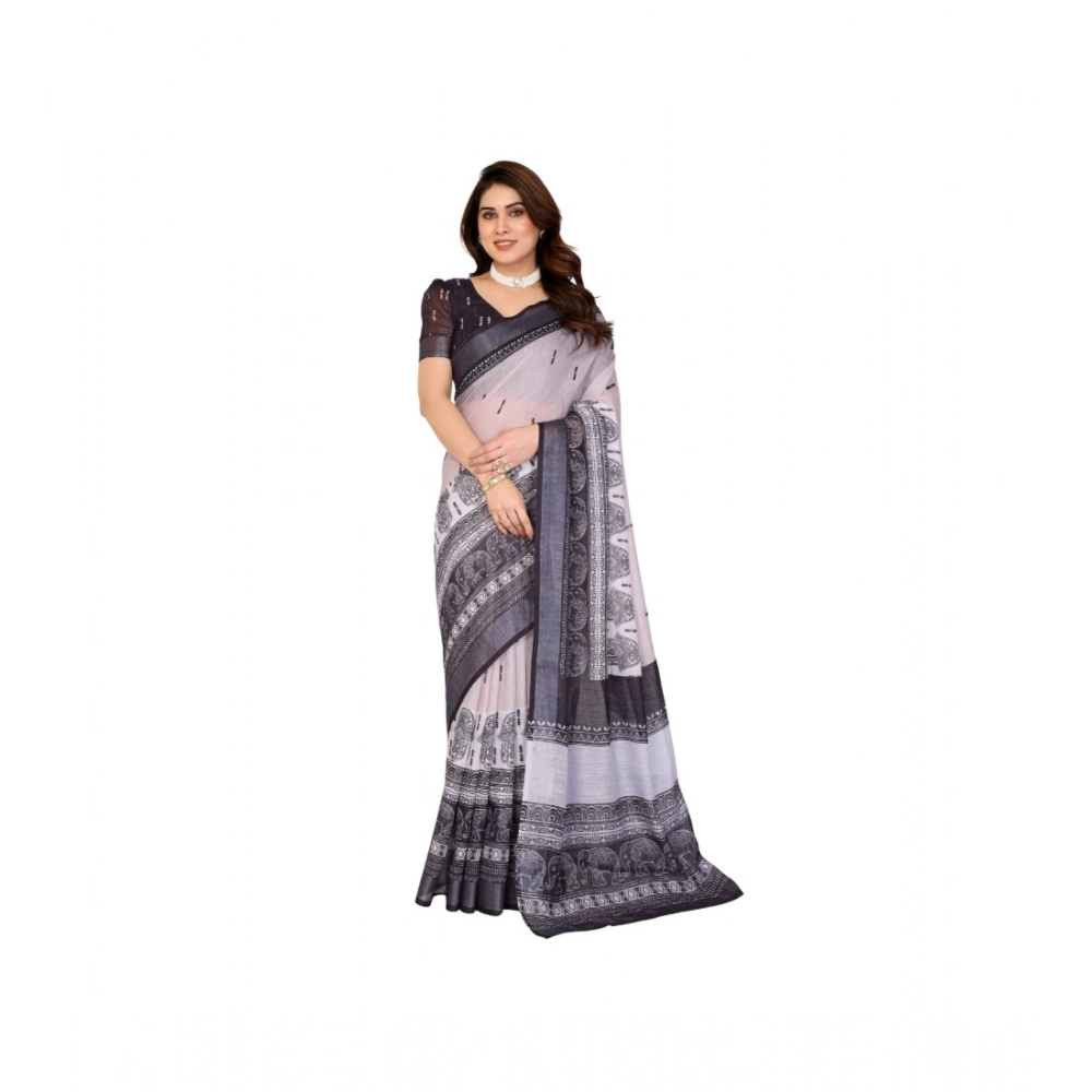 Women's Linen Cotton  Printed Saree With Unstitched Blouse 5.5Mtr (White & Black)
