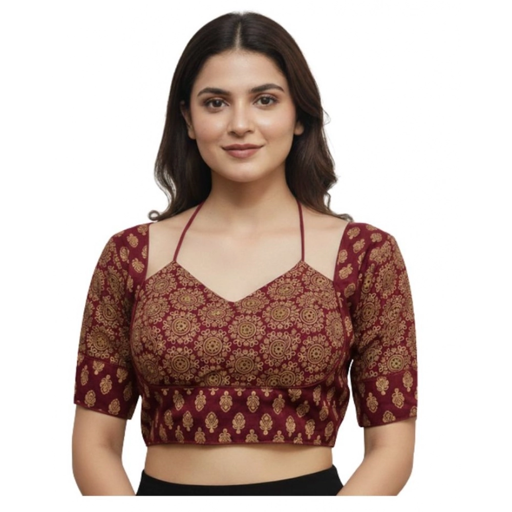 Women's Ajrakh Cotton Printed Sweetheart Padded Blouse (Maroon 38 Ready (Self Alterable 36–40)