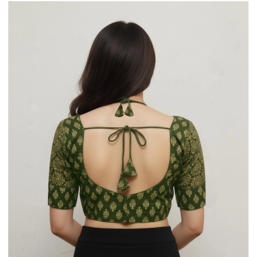 Women's Ajrakh Cotton Printed Sweetheart Padded Blouse (Olive 38 Ready (Self Alterable 36–40) - Image 2