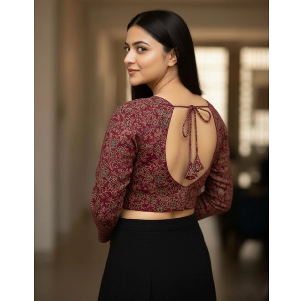 Women's Ajrakh Cotton Printed V-Neck Padded Blouse (Maroon 38 Ready (Self Alterable 36–40) - Image 3