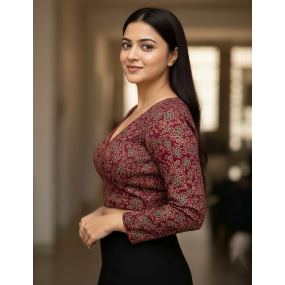 Women's Ajrakh Cotton Printed V-Neck Padded Blouse (Maroon 38 Ready (Self Alterable 36–40) - Image 2