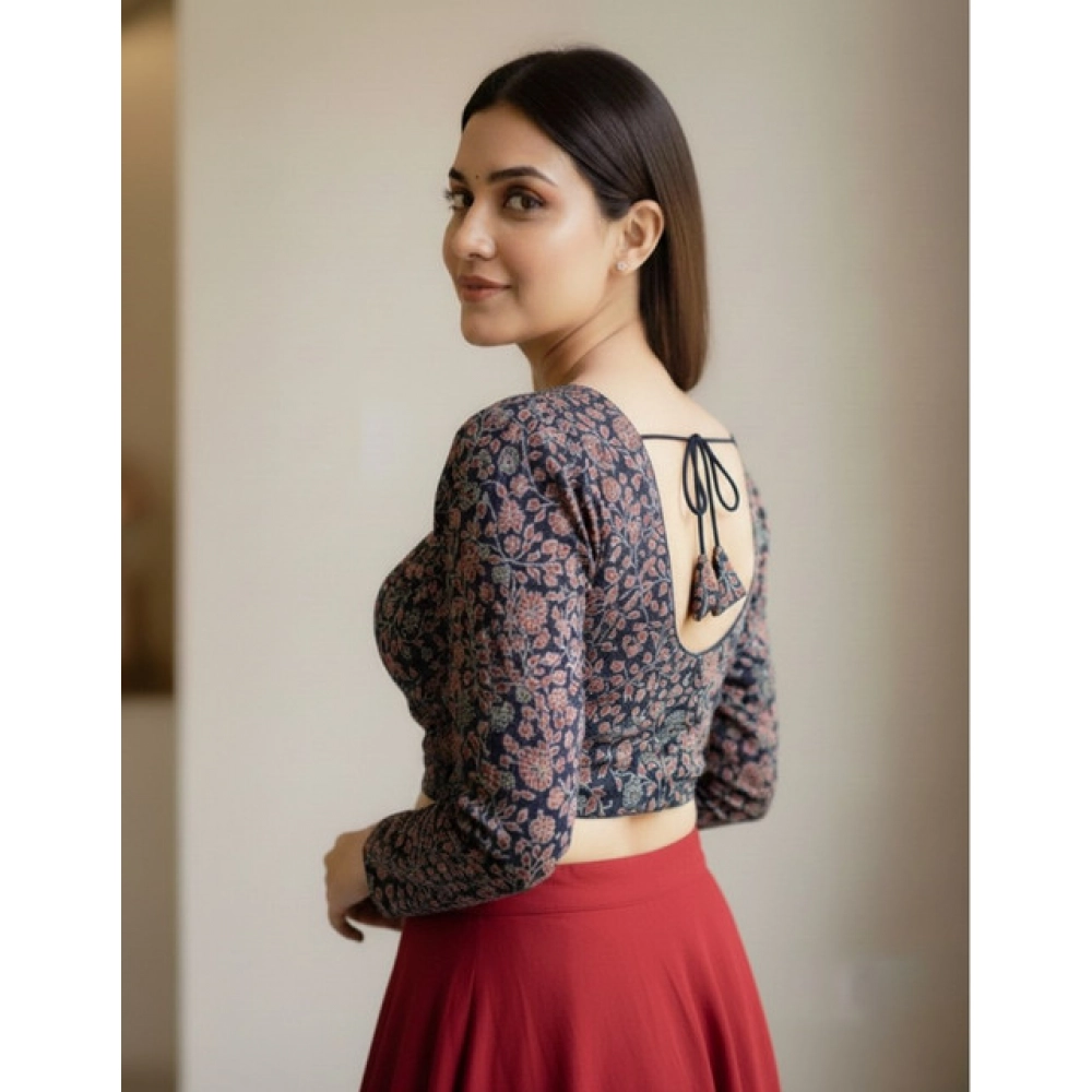 Women's Ajrakh Cotton Printed V-Neck Padded Blouse (Navy 38 Ready (Self Alterable 36–40) - Image 3