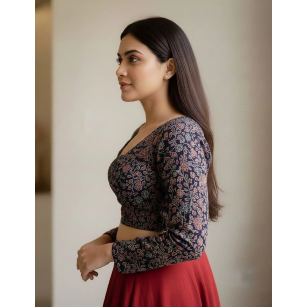 Women's Ajrakh Cotton Printed V-Neck Padded Blouse (Navy 38 Ready (Self Alterable 36–40) - Image 2