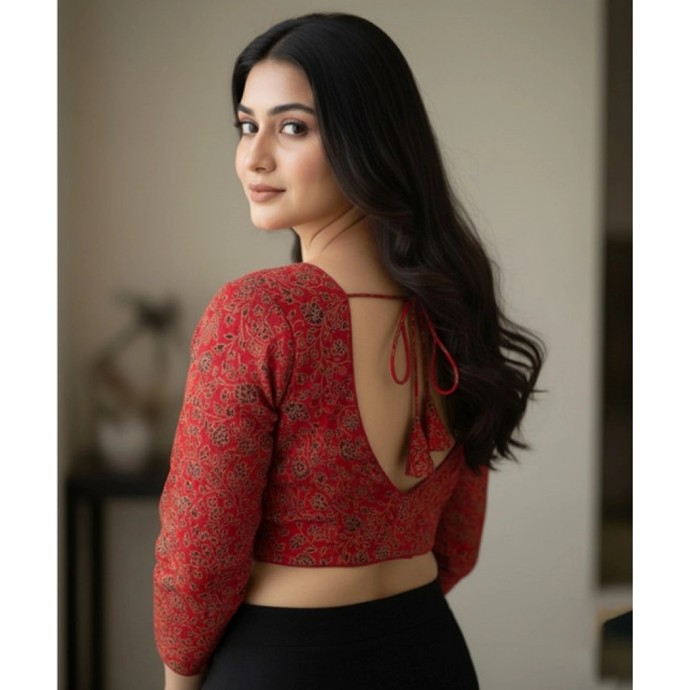 Women's Ajrakh Cotton Printed V-Neck Padded Blouse (Red 38 Ready (Self Alterable 36–40) - Image 3