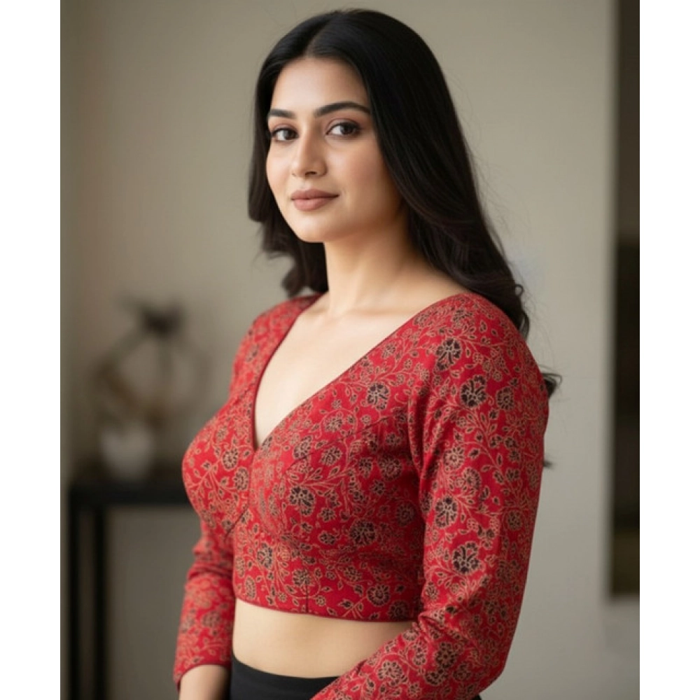 Women's Ajrakh Cotton Printed V-Neck Padded Blouse (Red 38 Ready (Self Alterable 36–40) - Image 2
