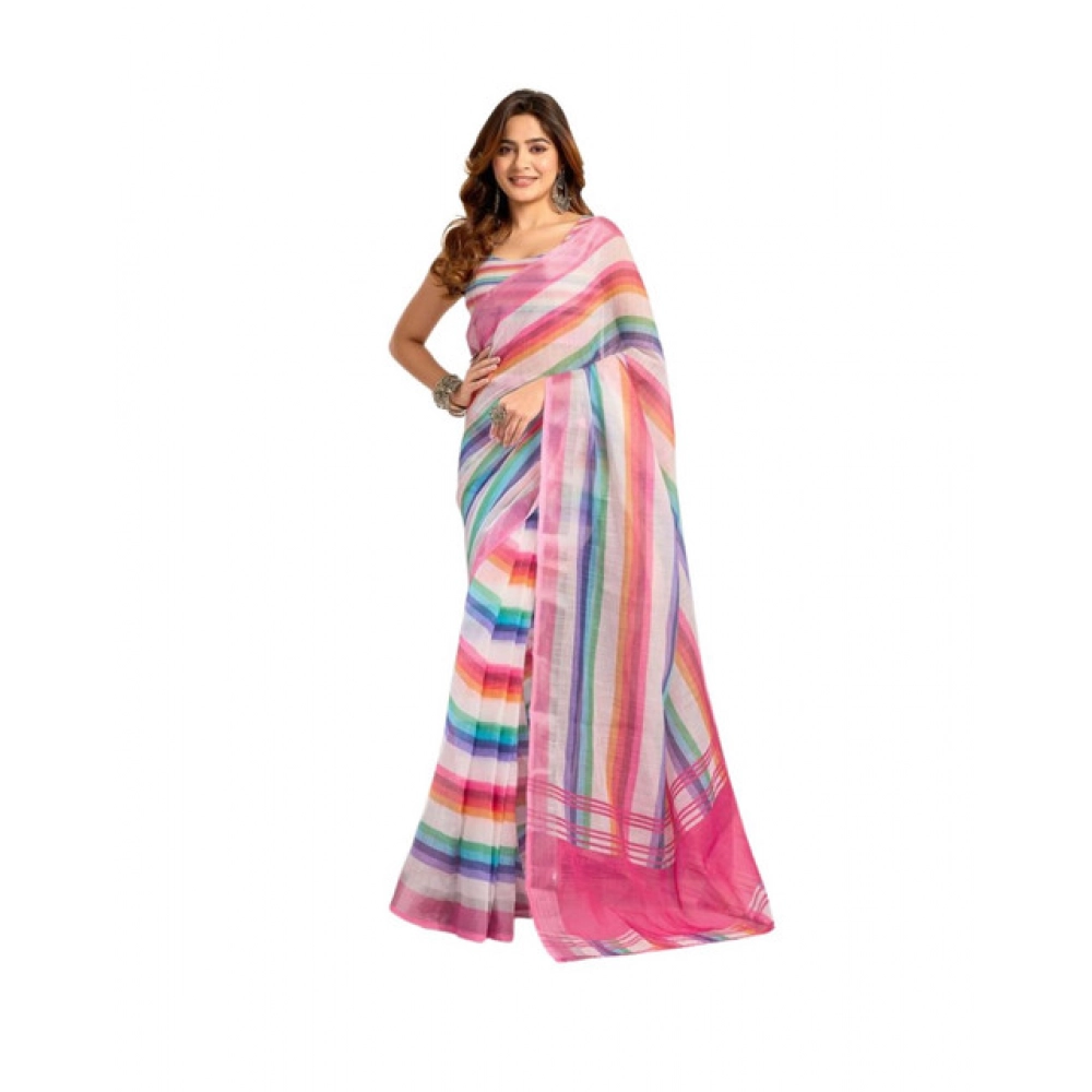 Women's Faux_Linen Printed Ready-to-Wear Saree With Unstitched Blouse 5.5 Mtr (Multicolor)