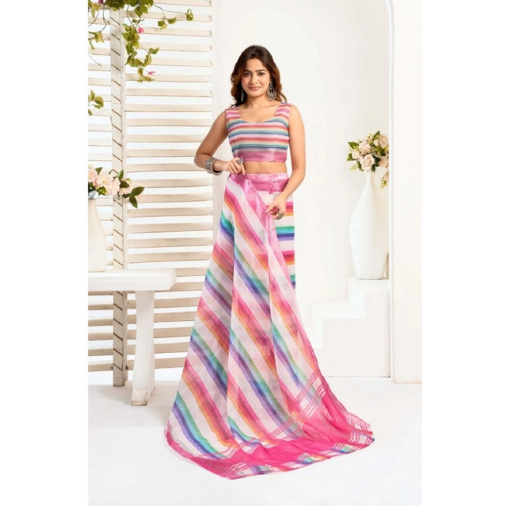 Women's Faux_Linen Printed Ready-to-Wear Saree With Unstitched Blouse 5.5 Mtr (Multicolor) - Image 3