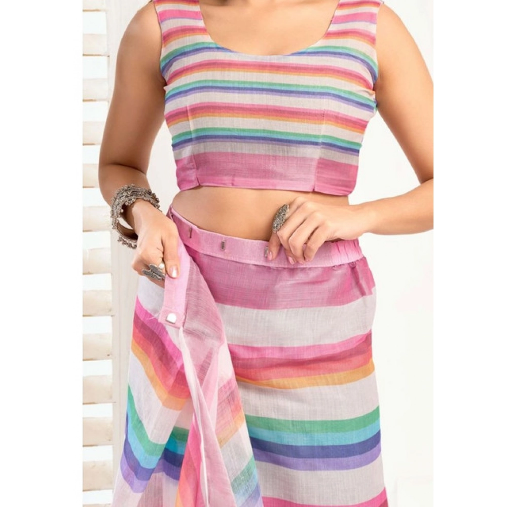 Women's Faux_Linen Printed Ready-to-Wear Saree With Unstitched Blouse 5.5 Mtr (Multicolor) - Image 2