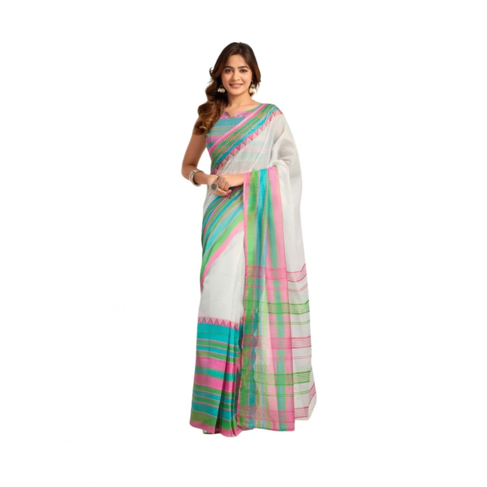 Women's Faux_Linen Printed Ready-to-Wear Saree With Unstitched Blouse 5.5 Mtr (White)