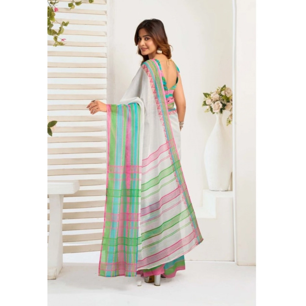 Women's Faux_Linen Printed Ready-to-Wear Saree With Unstitched Blouse 5.5 Mtr (White) - Image 4