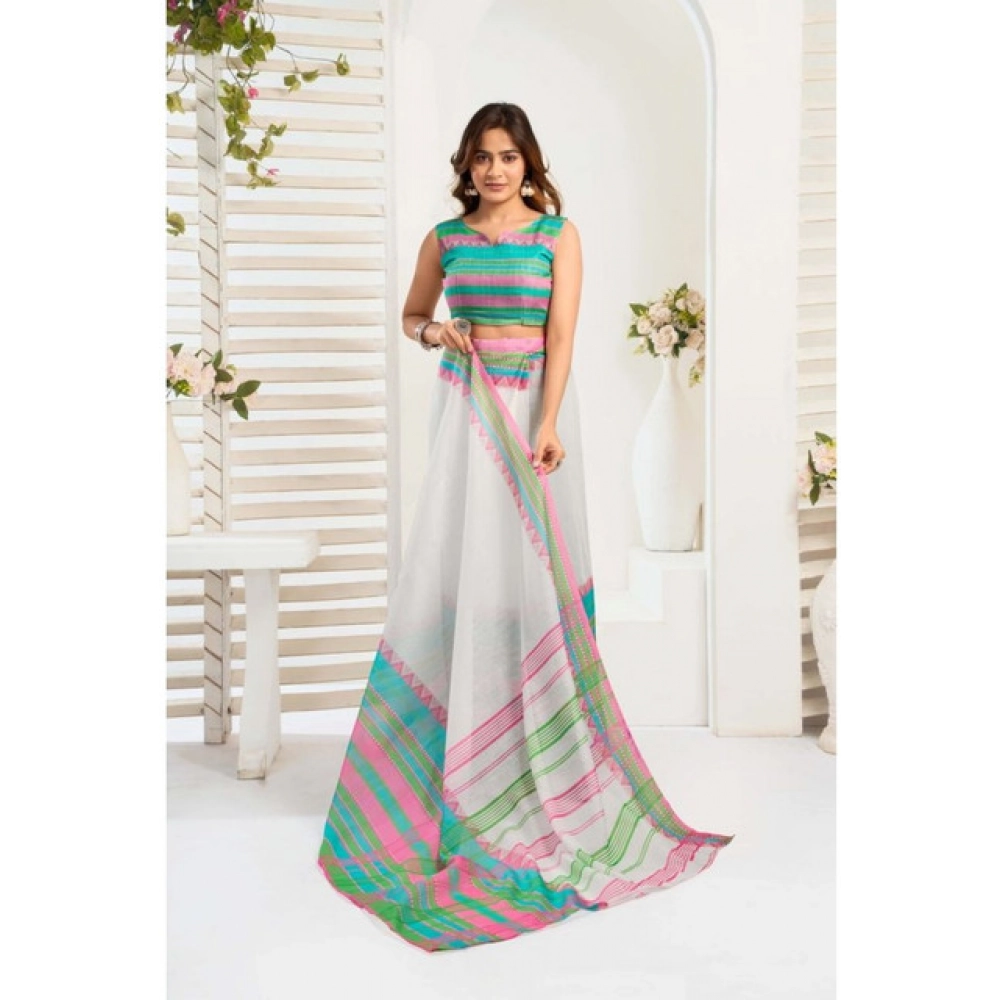 Women's Faux_Linen Printed Ready-to-Wear Saree With Unstitched Blouse 5.5 Mtr (White) - Image 3