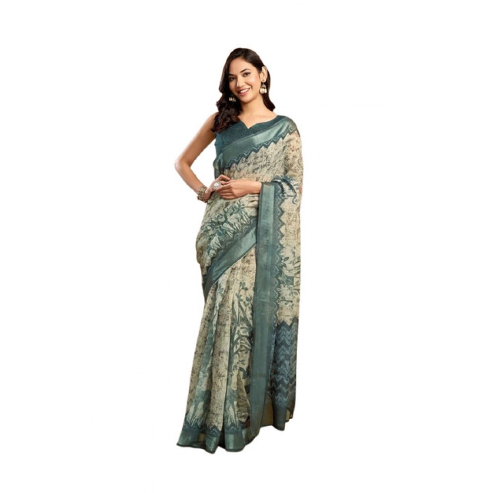 Women's Faux_Linen Printed Ready-to-Wear Saree With Unstitched Blouse 5.5 Mtr (Light_Grey)